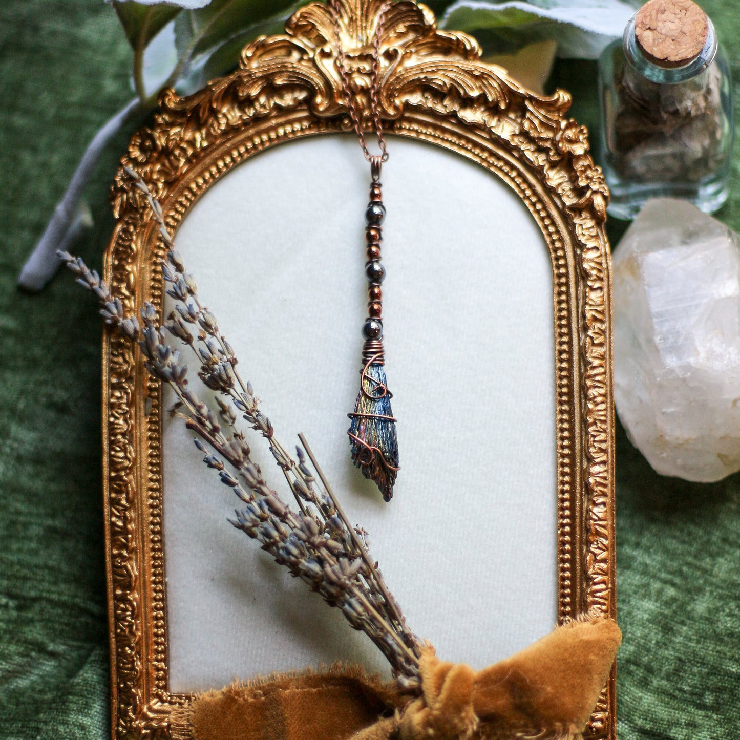 Aura Kyanite Witches Broom Necklace (Aged Copper)