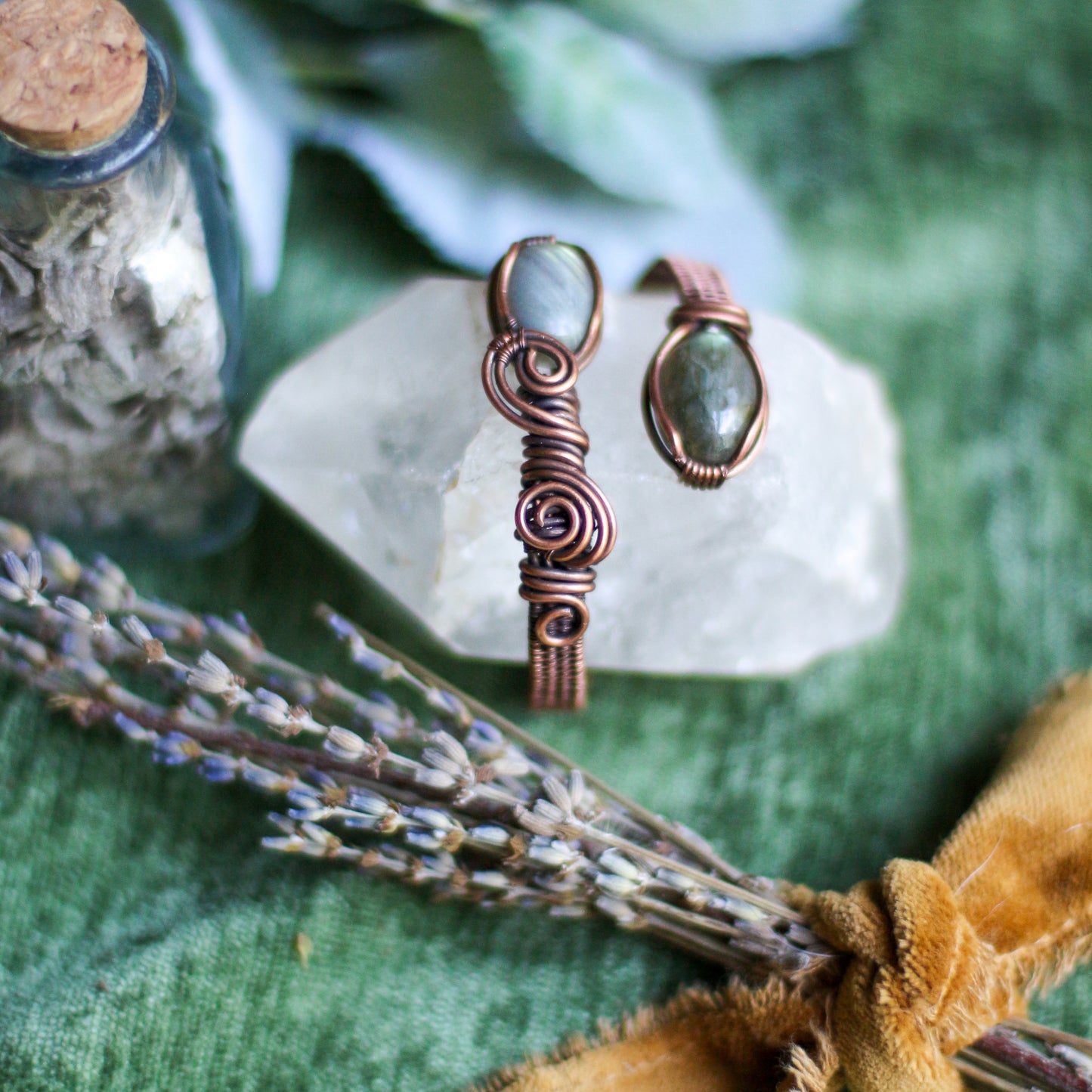 Double Labradorite Adjustable Bracelet / Arm Cuff (Aged Copper)