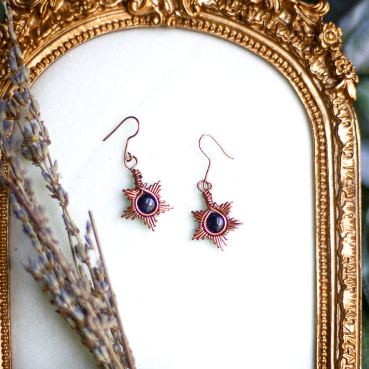 Dark Blue Goldstone Star Dangle Earrings (Aged Copper)