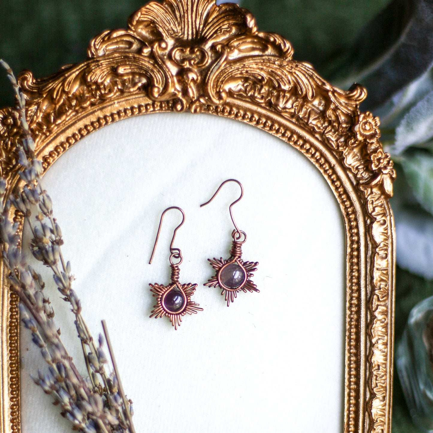 Amethyst & Aged Copper Star Dangle Earrings