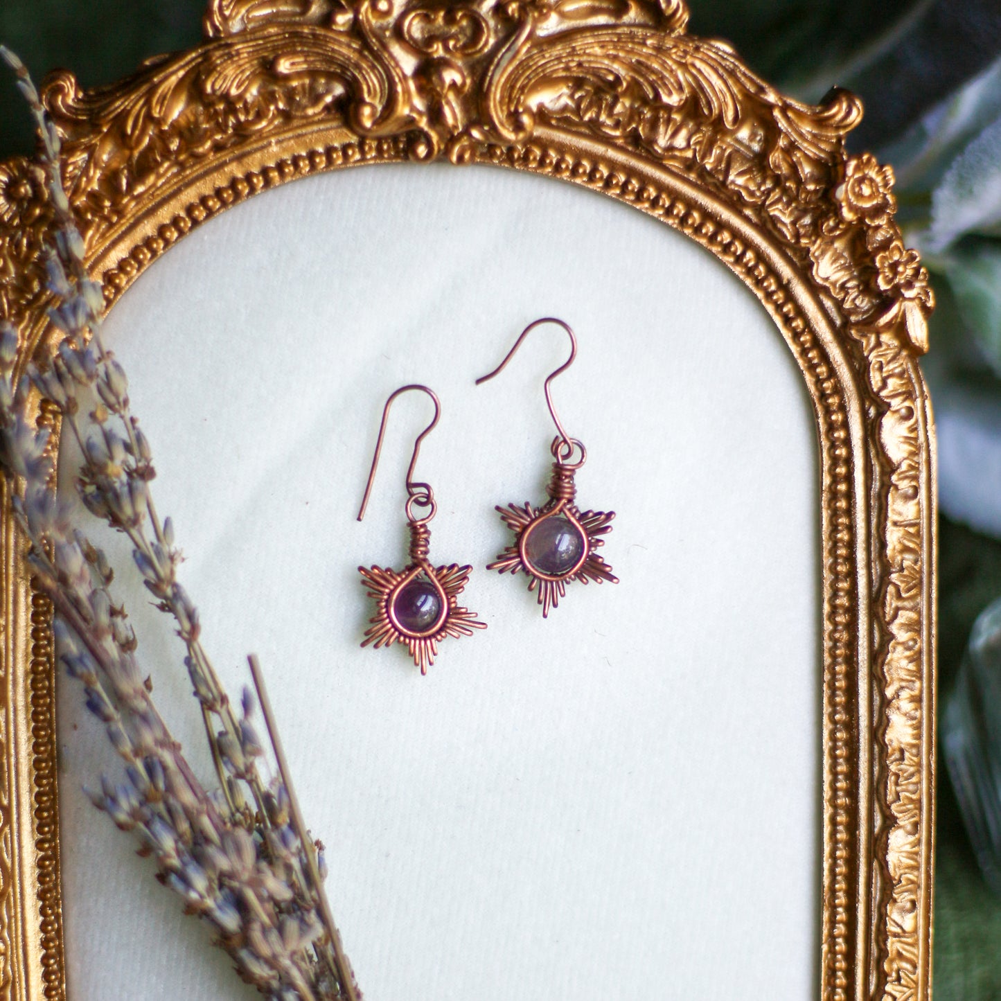 Amethyst & Aged Copper Star Dangle Earrings