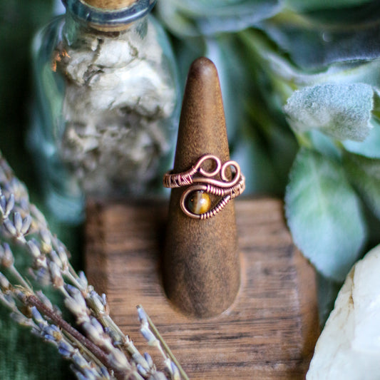 Adjustable Tiger's Eye & Aged Copper Ring (Size 6 - 9 )