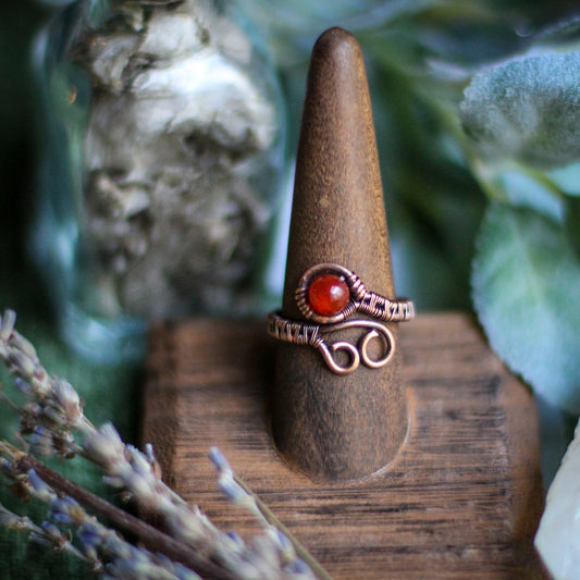 Adjustable Carnelian & Aged Copper Ring (Size 7 - 11)