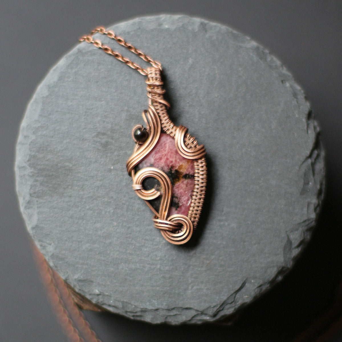 Rhodonite & Sheen Obsidian Necklace (Aged Copper)