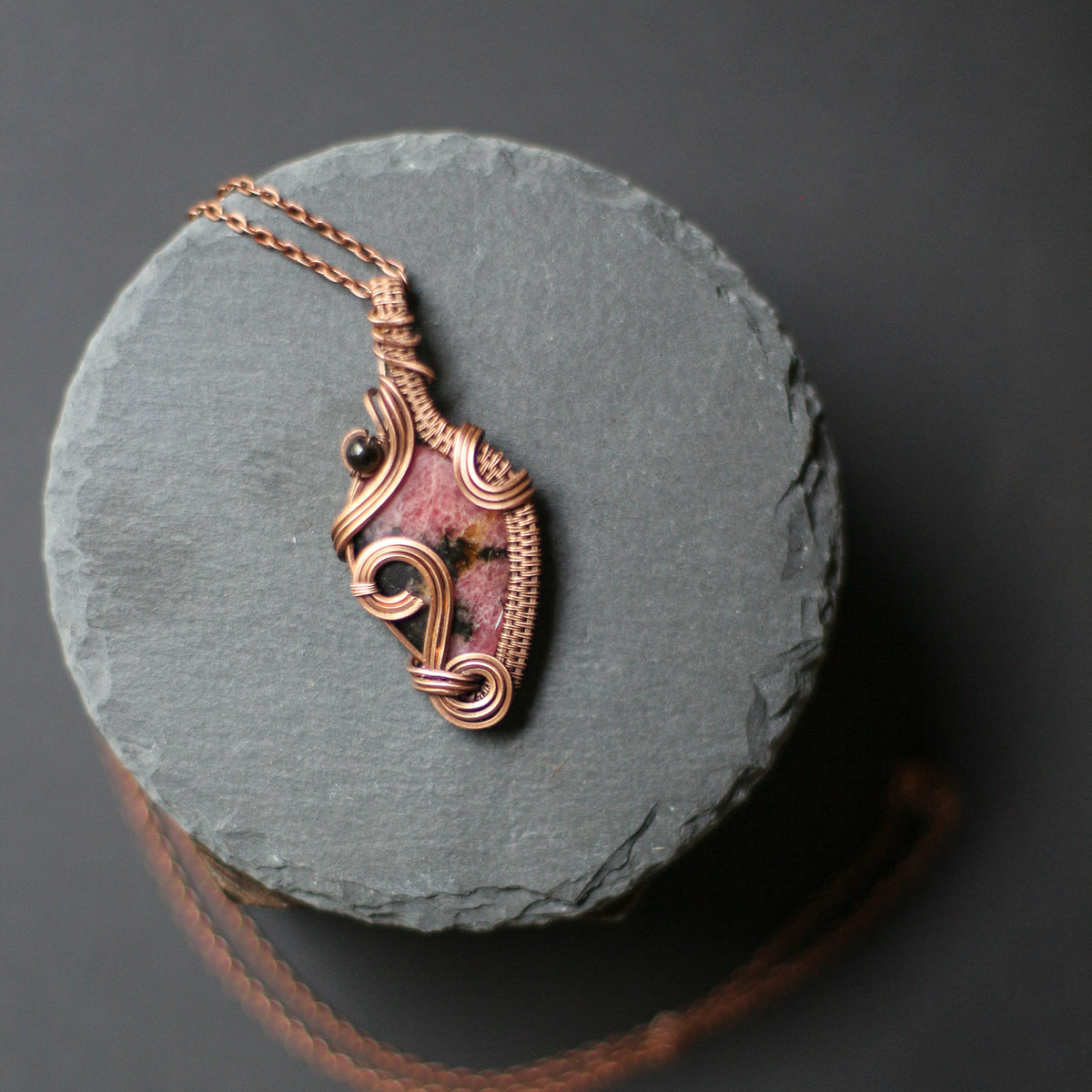 Rhodonite & Sheen Obsidian Necklace (Aged Copper)