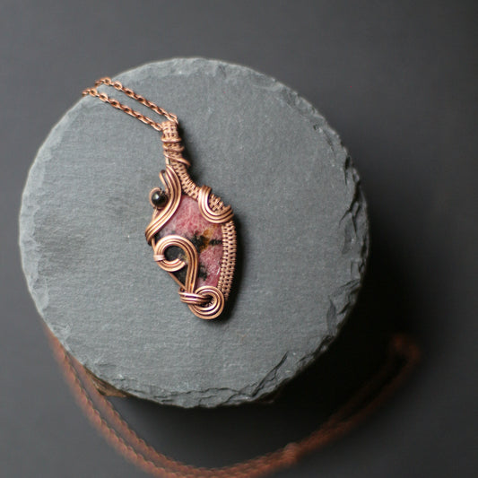 Rhodonite & Sheen Obsidian Necklace (Aged Copper)