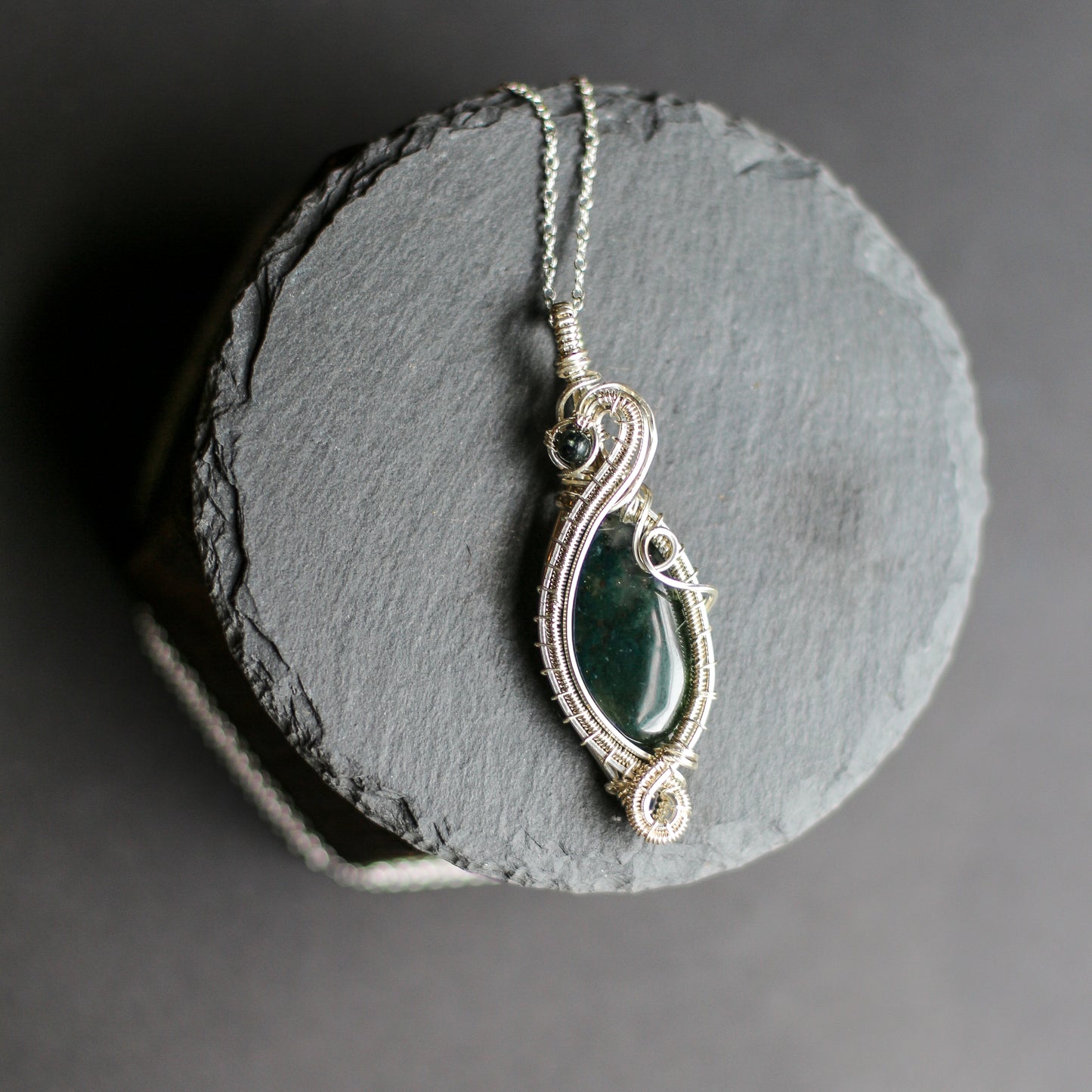 LARGE High Quality Moss Agate & Genuine Sterling Silver Necklace