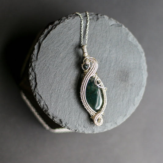 LARGE High Quality Moss Agate & Genuine Sterling Silver Necklace