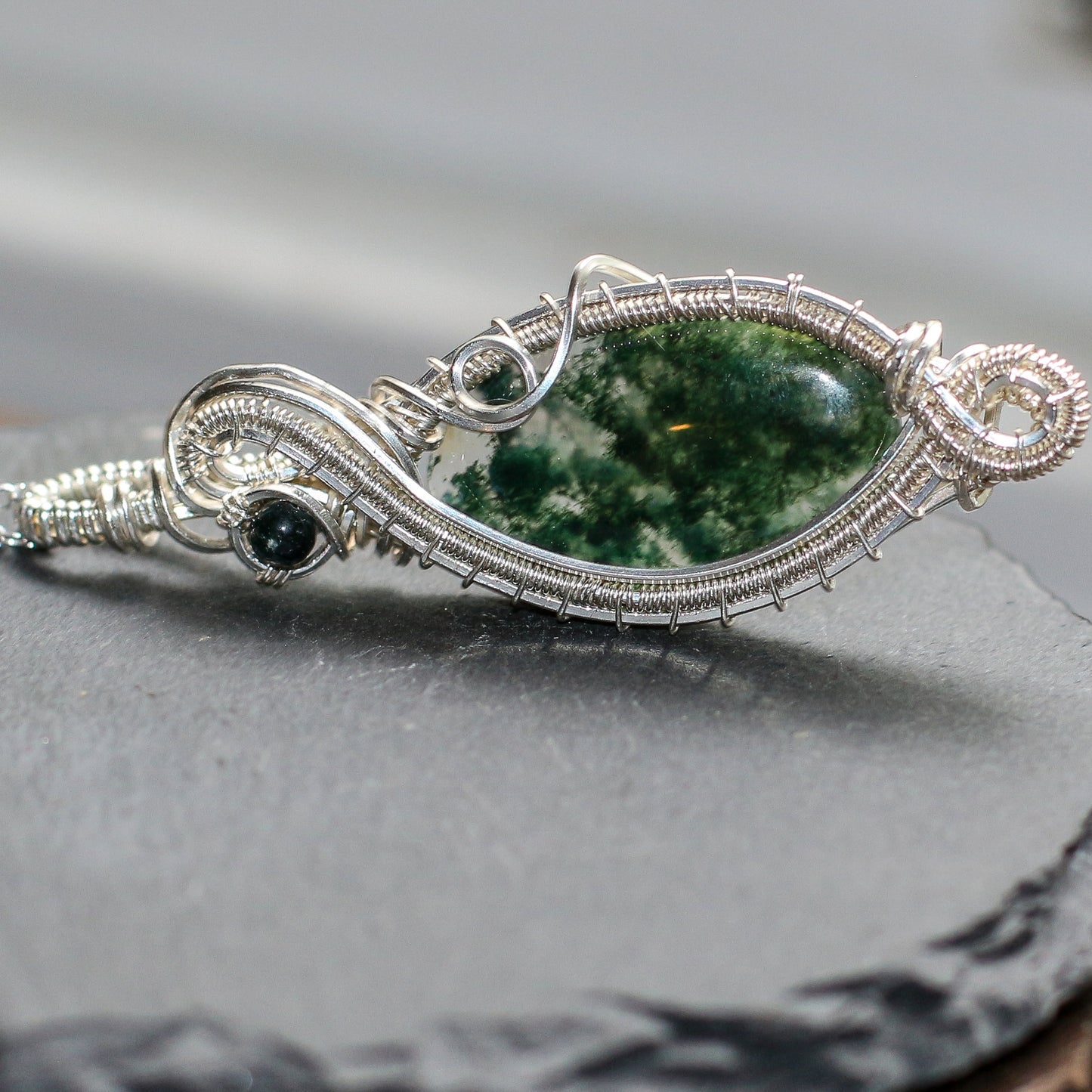 LARGE High Quality Moss Agate & Genuine Sterling Silver Necklace