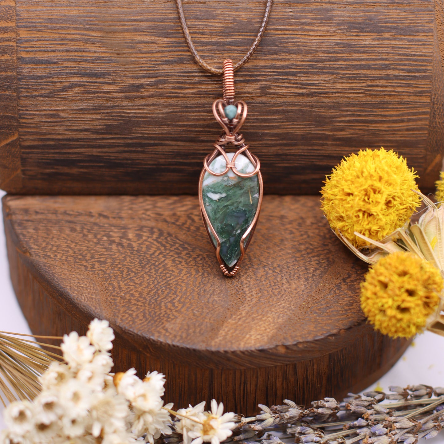 Moss Agate & Aged Copper Wire Wrapped Necklace