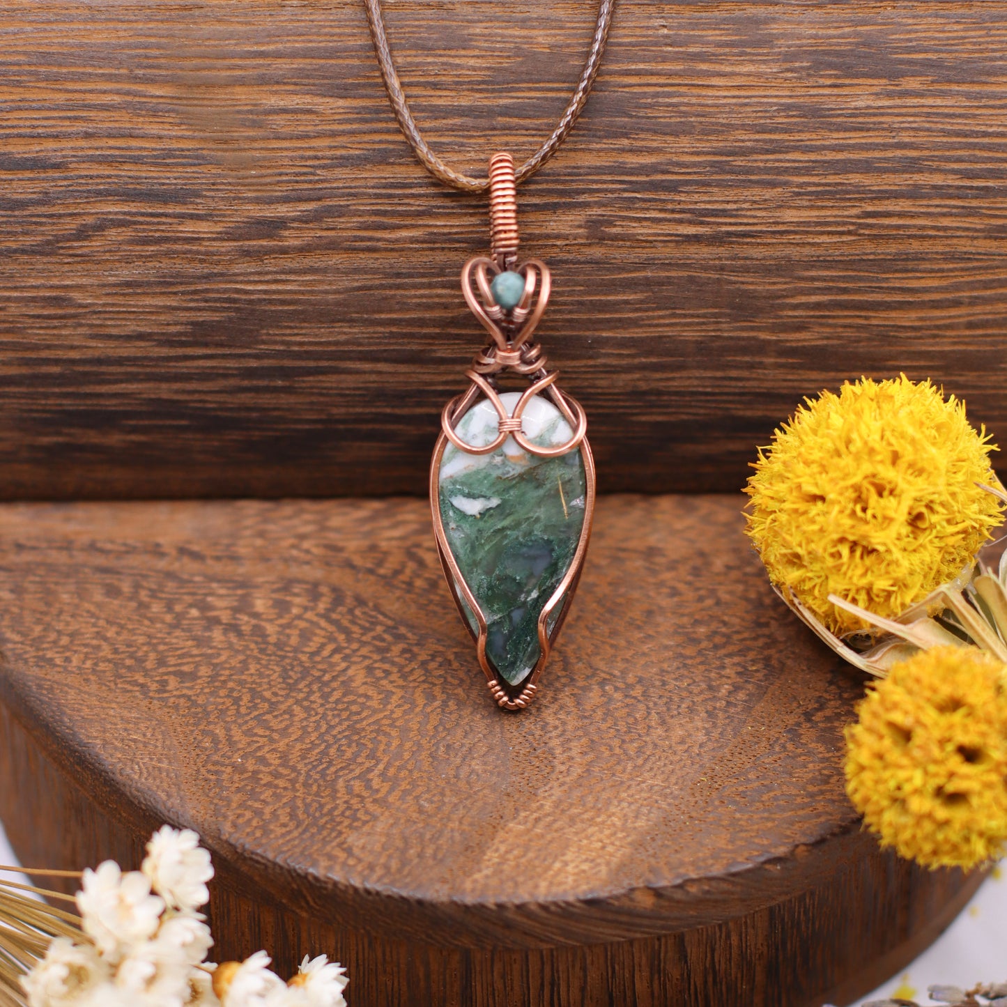 Moss Agate & Aged Copper Wire Wrapped Necklace