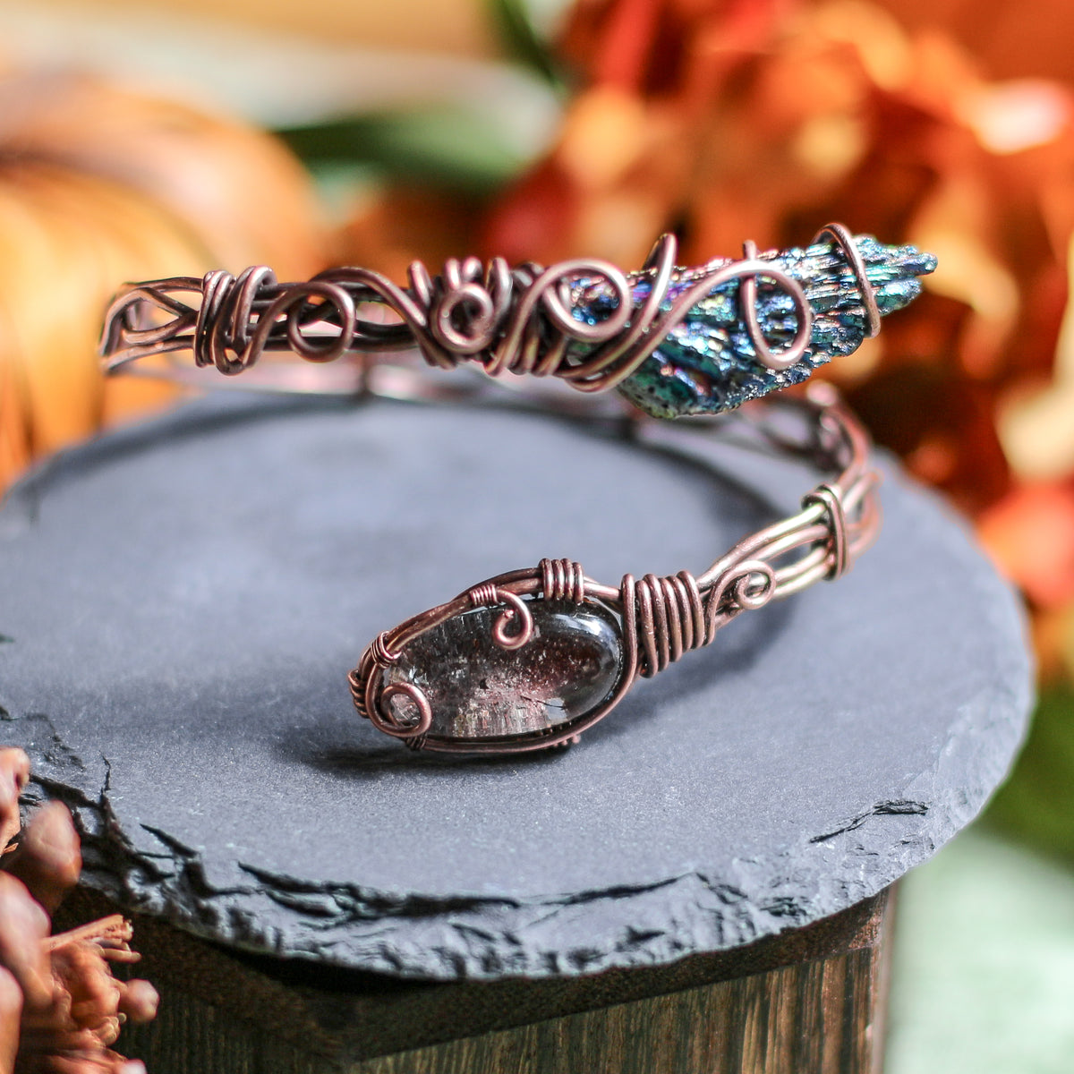 Garden Quartz & Aura Kyanite Adjustable Arm / Bracelet Cuff (Aged Copper)