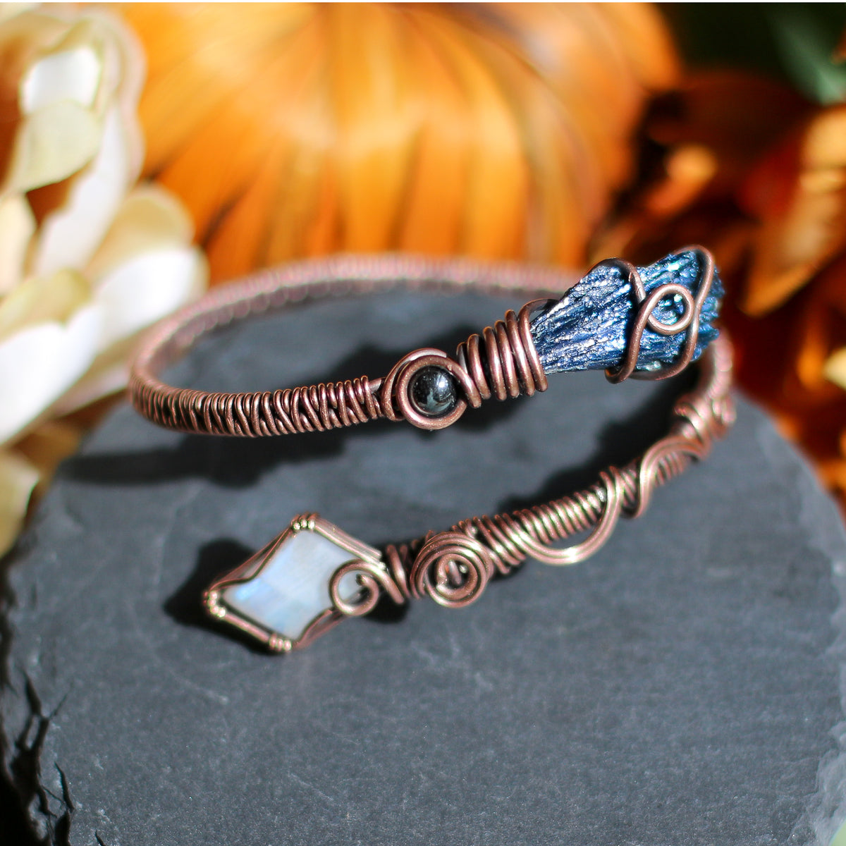 Aged Copper Adjustable Arm/Bracelet Cuff (Moonstone & Aura Kyanite)
