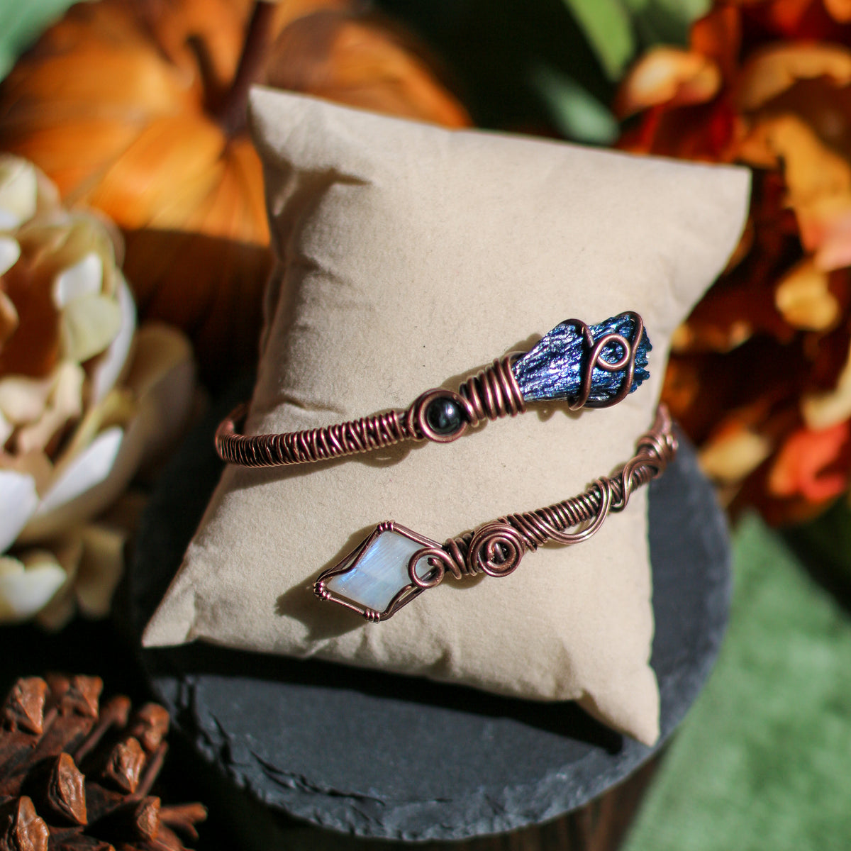 Aged Copper Adjustable Arm/Bracelet Cuff (Moonstone & Aura Kyanite)