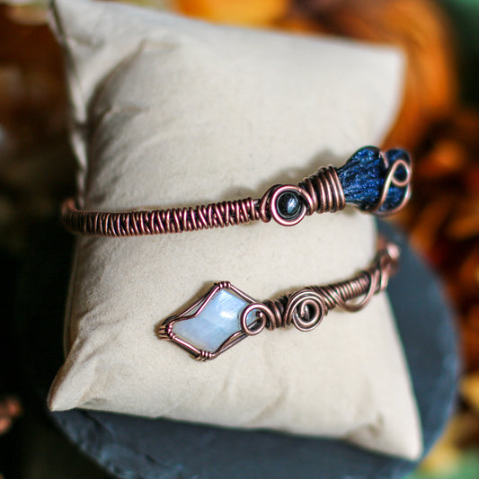 Aged Copper Adjustable Arm/Bracelet Cuff (Moonstone & Aura Kyanite)