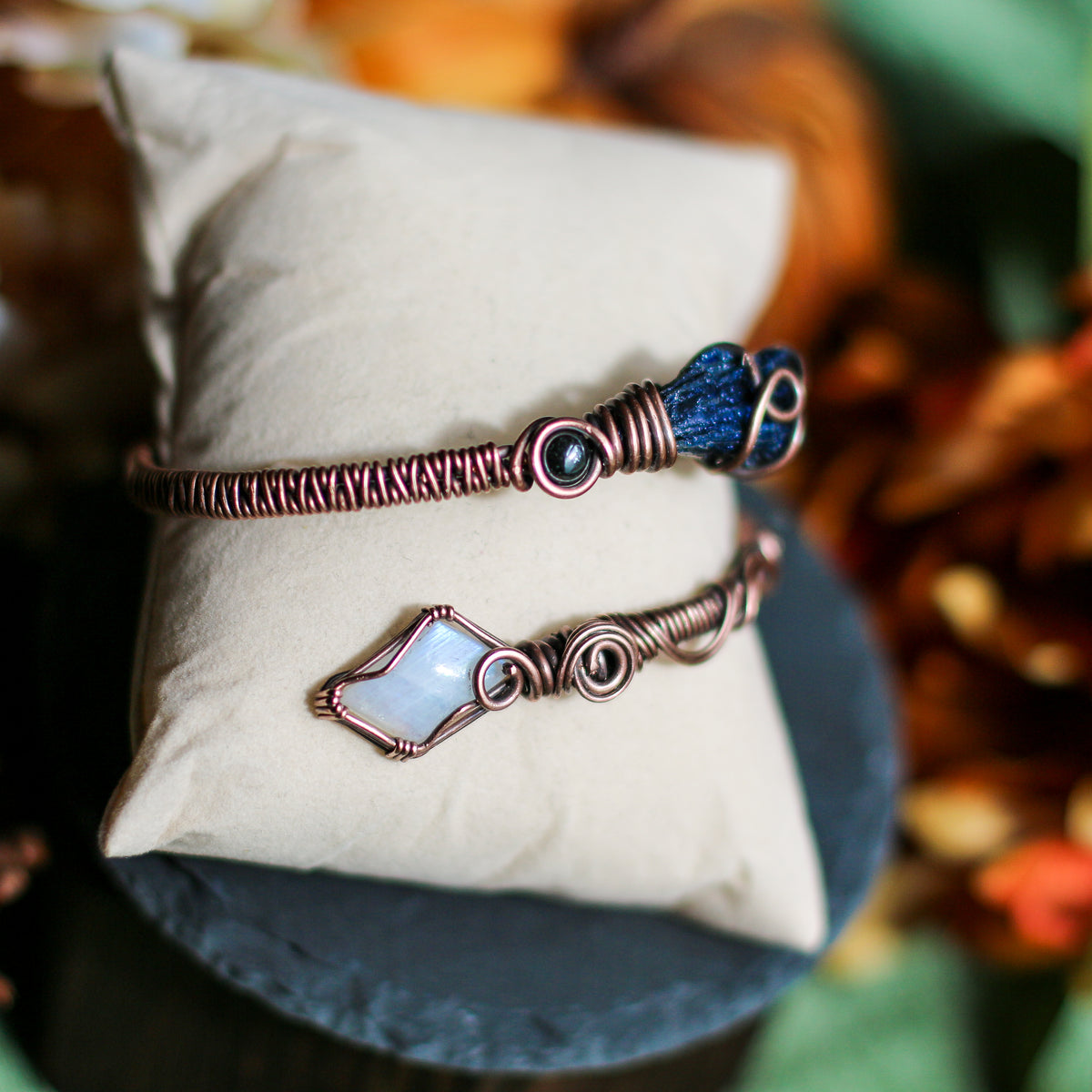 Aged Copper Adjustable Arm/Bracelet Cuff (Moonstone & Aura Kyanite)