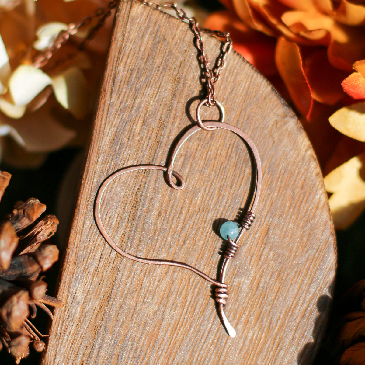 Aquamarine & Aged Copper Heart Necklace
