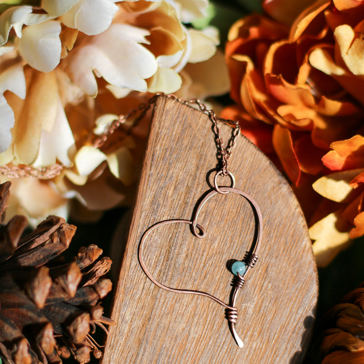 Aquamarine & Aged Copper Heart Necklace