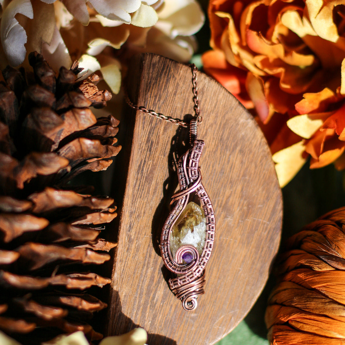 Large Citrine & Amethyst Statement Necklace (Aged Copper)