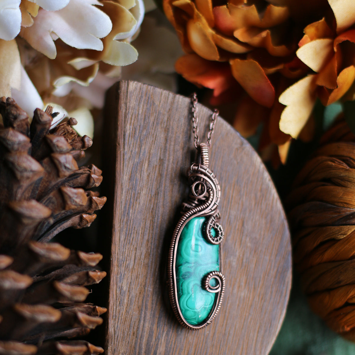 Genuine Large Malachite & Aged Copper Statement Necklace