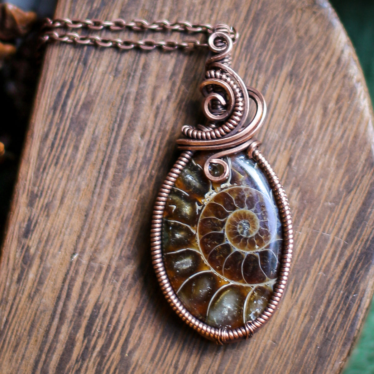 Rare Natural Large Ammonite Fossil & Aged Copper Necklace