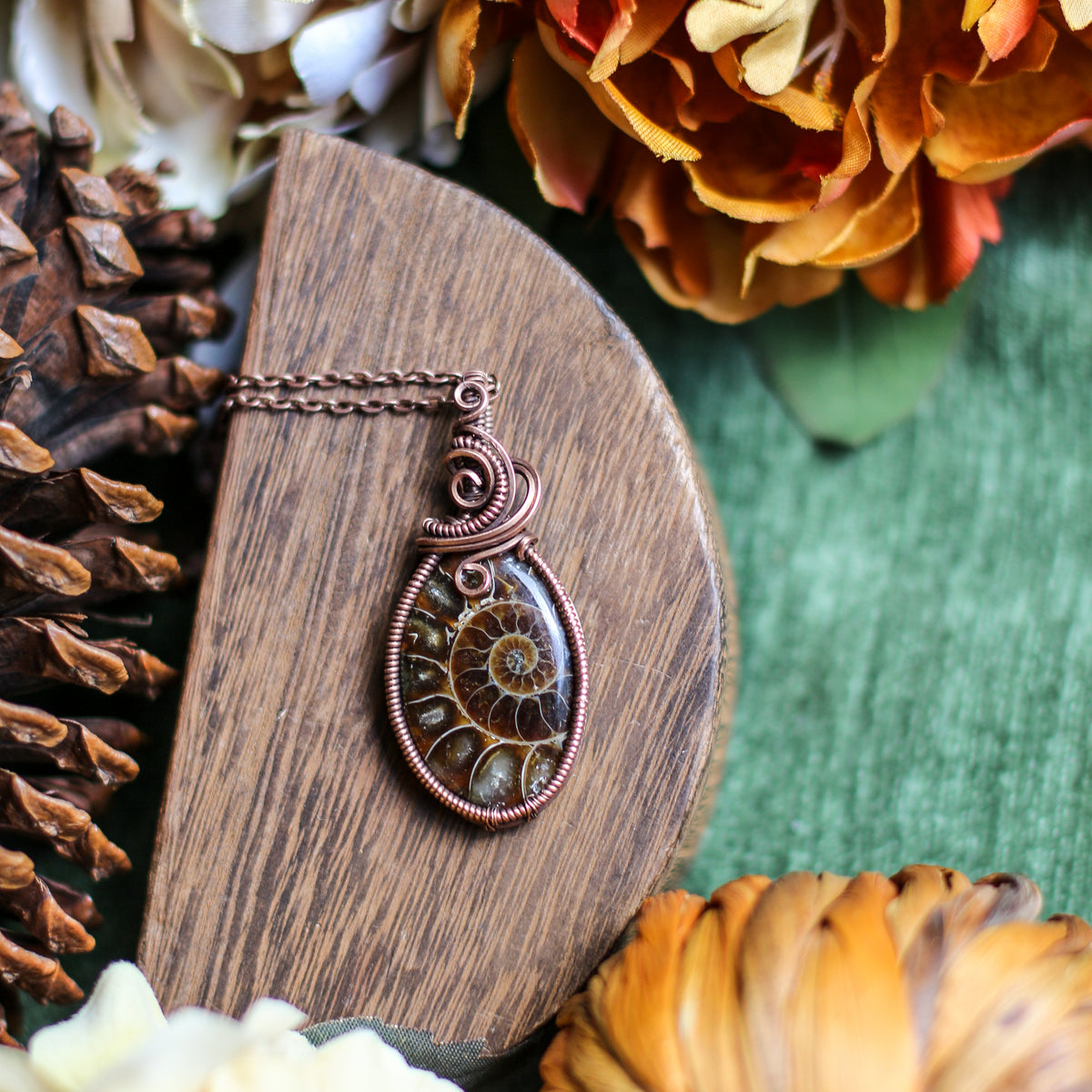 Rare Natural Large Ammonite Fossil & Aged Copper Necklace