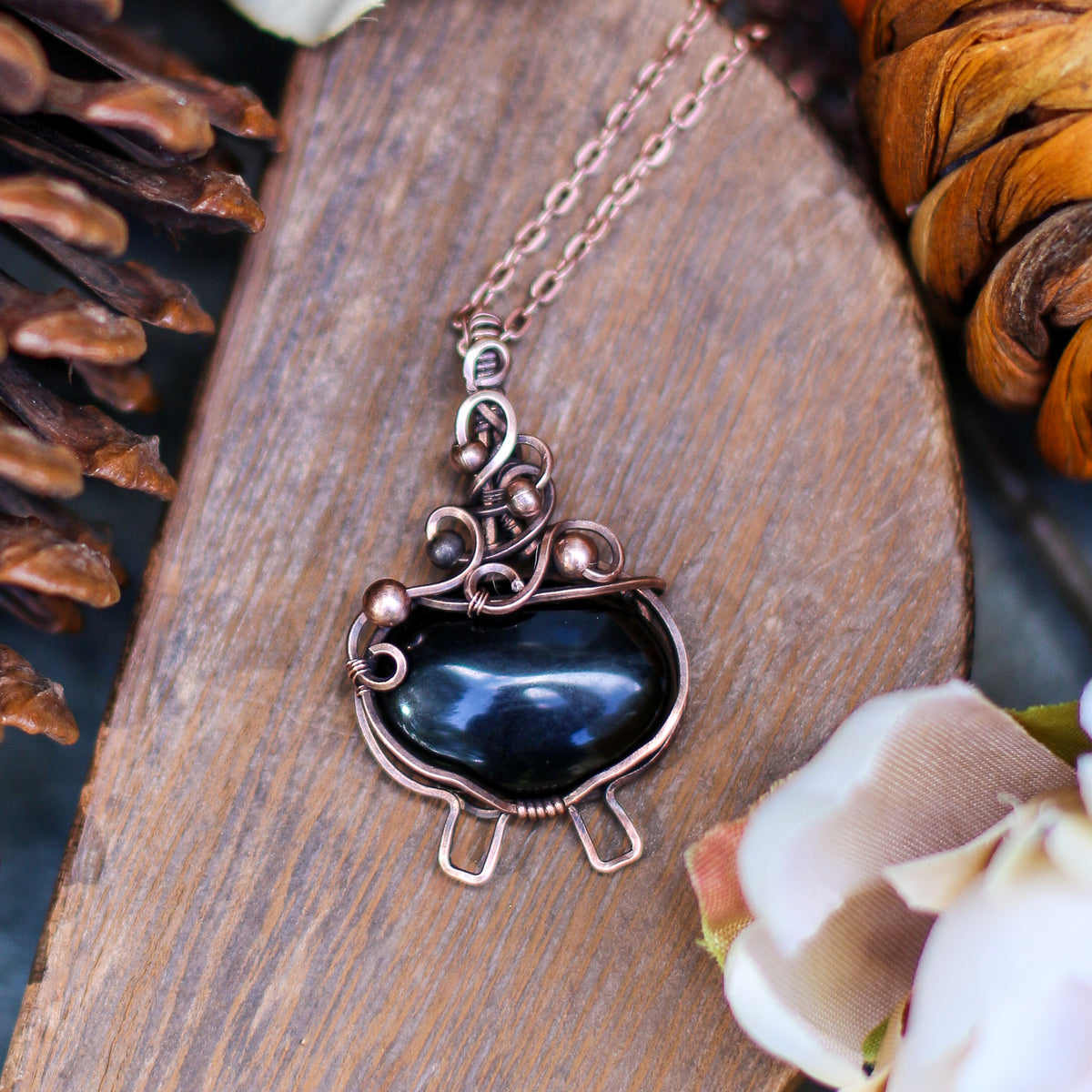 SPECIAL Obsidian Witch Bubble Cauldron Necklace (Aged Copper)