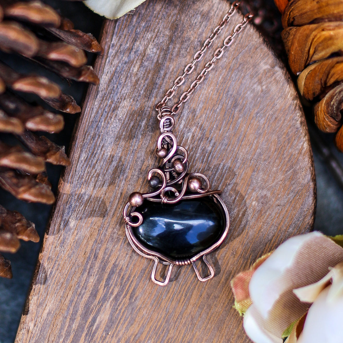 SPECIAL Obsidian Witch Bubble Cauldron Necklace (Aged Copper)