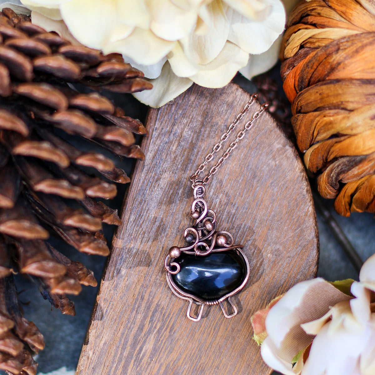 SPECIAL Obsidian Witch Bubble Cauldron Necklace (Aged Copper)
