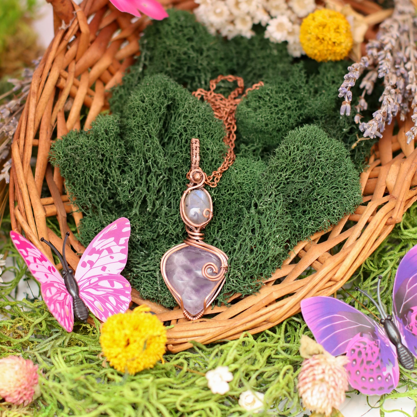 Amethyst & Labradorite Necklace with Aged Copper