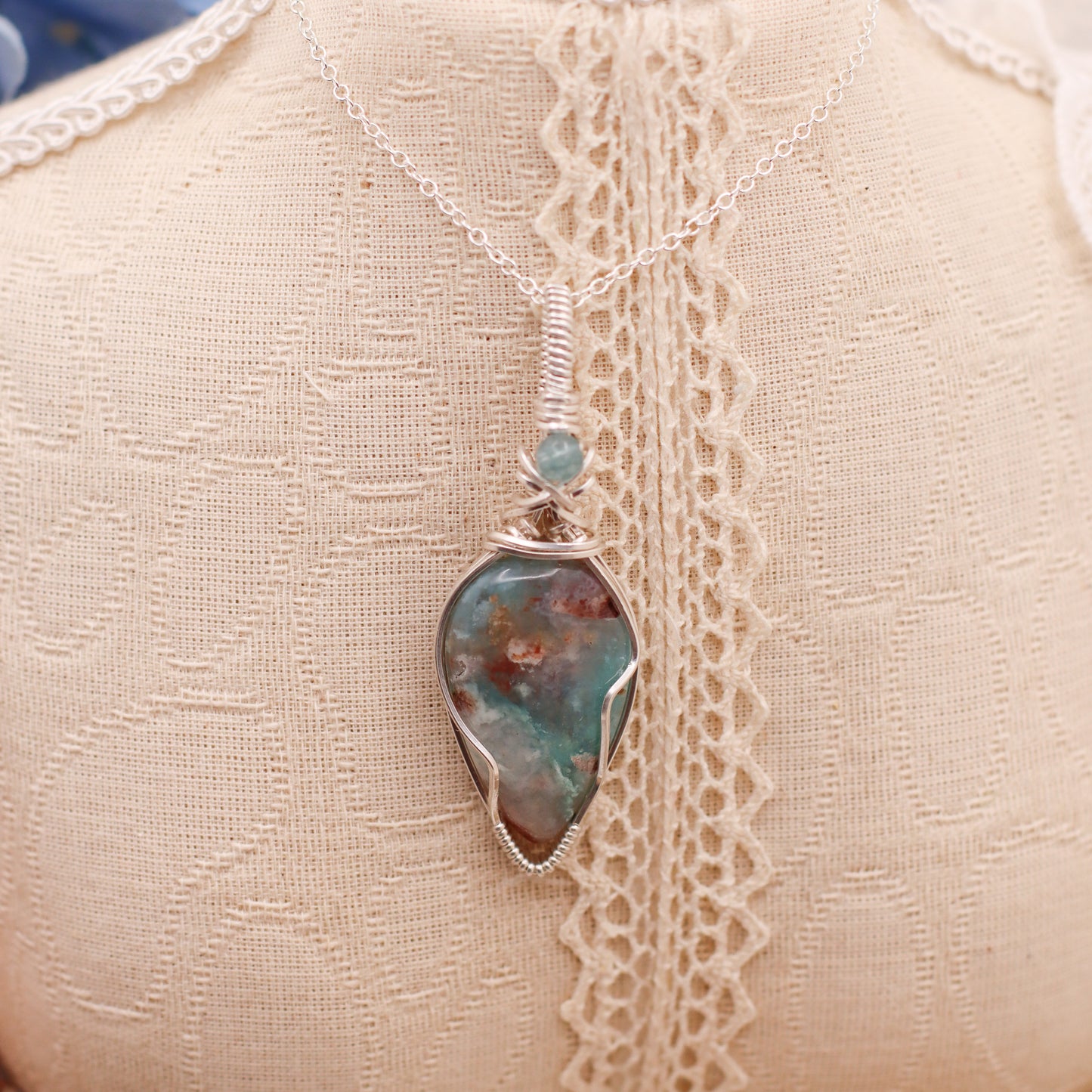 RARE Aquaprase & Aquamarine Necklace with Sterling Silver Wire