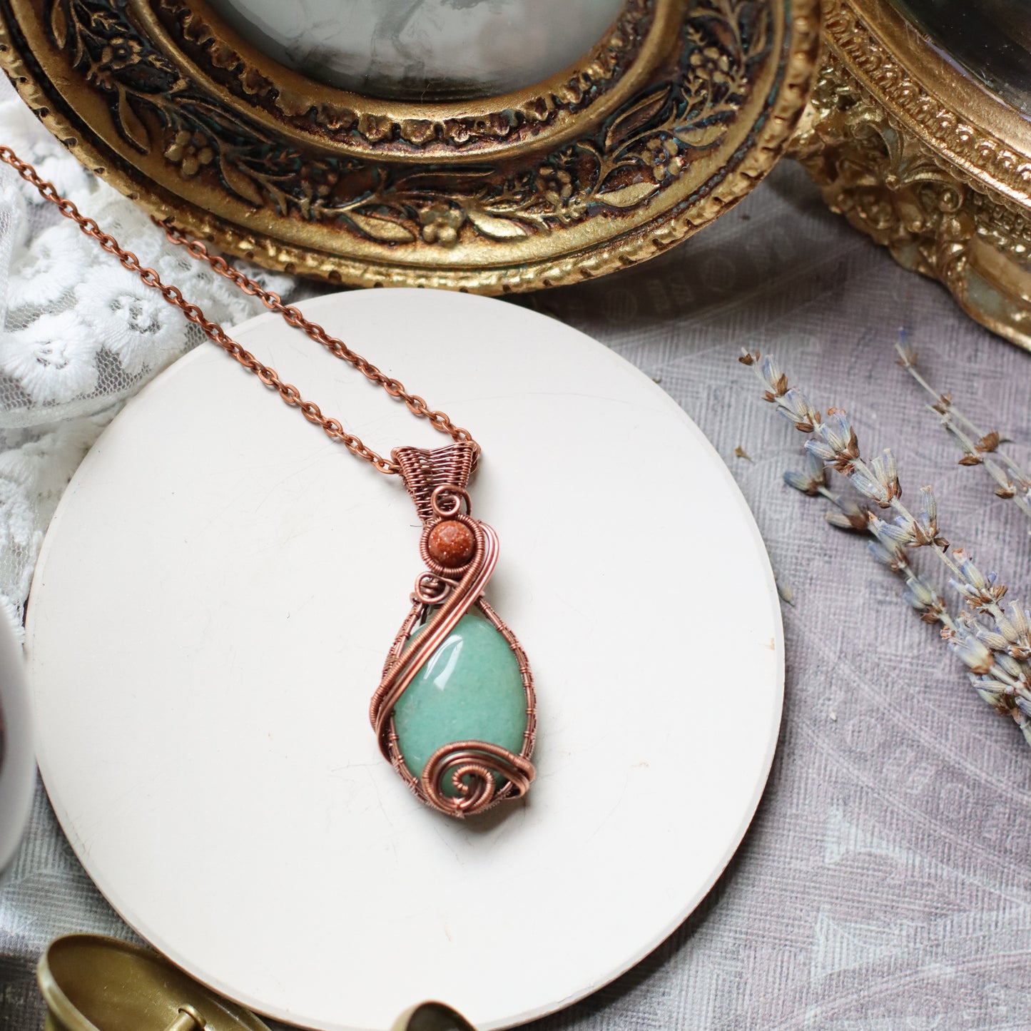 Green Aventurine & Red Goldstone Necklace with Aged Copper