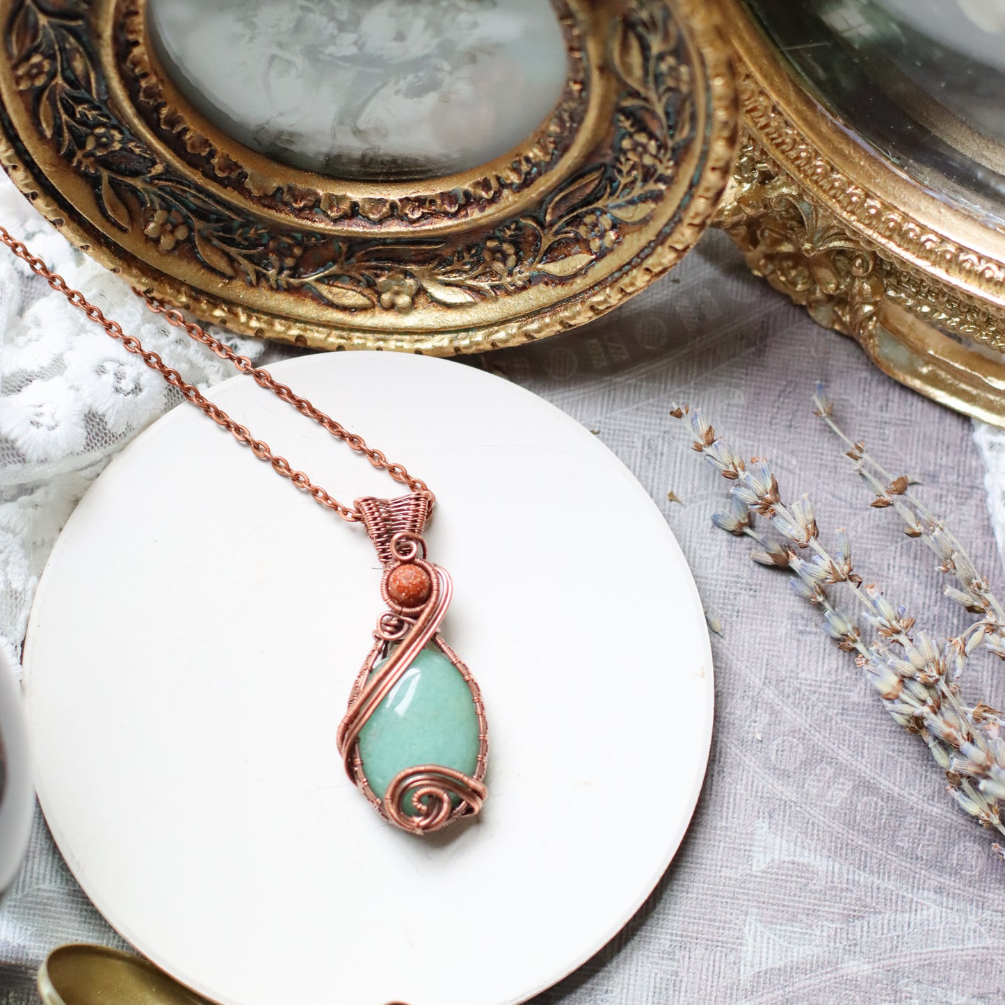 Green Aventurine & Red Goldstone Necklace with Aged Copper